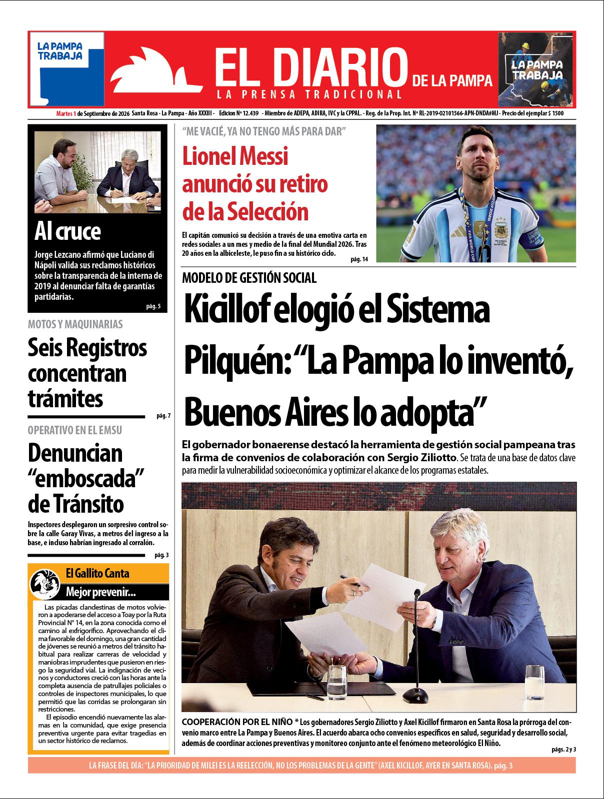 Tapa de El Diario en papel  martes 01 de septiembre de 2026